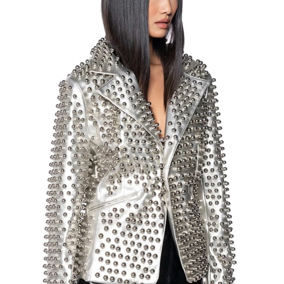 Studded Silver Leather Jacket - Picture 2 of 14